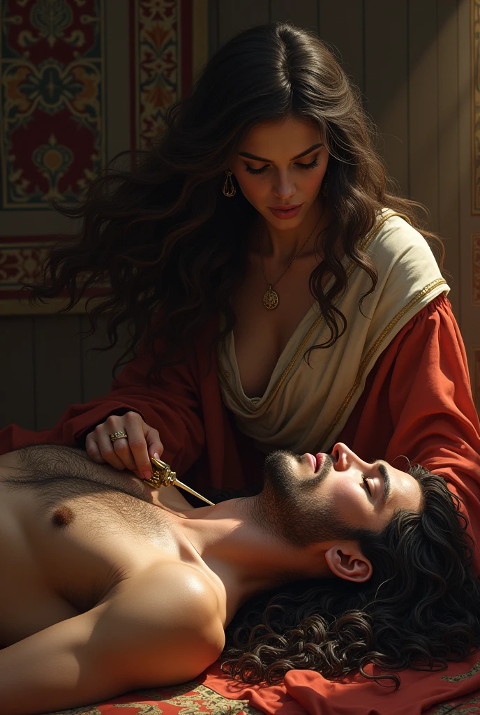 Create the biblical scene of Delilah cutting Samson's hair while he is sleeping;hair