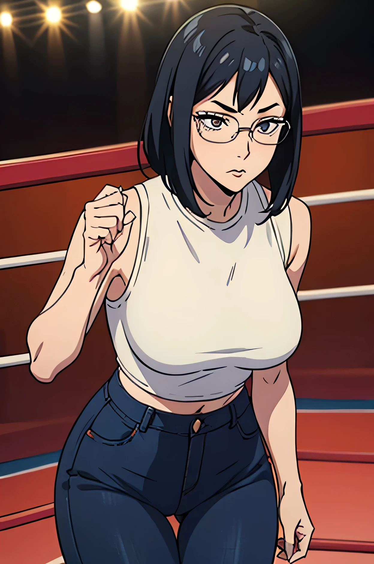 Solo girl, weare glasses, wrestling ring  , shimizu frim haikyuu, seductively standing , seductive face , ((wrestling ring background)), very femenine slutty playboy face, black hair , hair bangs covering forhead,  eye shadow and eyeliner, extremely long eyelashes, boduly shot hot,  wears a boyfriend jeans tugged up extremely high covering her navel entirely , curvy big thighs , her jeans is oversize but digging inside her pussy forming camel toe , obvious high waisted boyfriend trousers,, wearing an oversize white crop top , rounded breasts hot . Curvy hips , fit