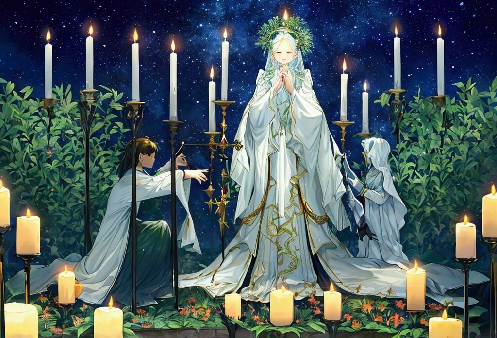 a green garden with lots of candles, with a starry sky. people in white clothes stand around the candle with their hands up, as if praying. sky., Dry brush, Bleeding colors, Wet on dry, digital art, by Marshall Arisman, cover illustration, 70mm, 7 0 mm, 70 mm, book cover illustration, by Brigette Barrager, album cover, novel cover art for a book, art concept for a book cover, cover art, 7 feet tall