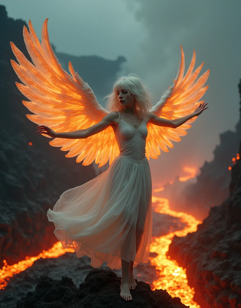 film photo, Atmospheric portrait of a albino girl 17yo with wings of fire, dancing amidst a volcanic landscape where molten lava flows like rivers. The heat of the flames contrasts with the cool hues of the surrounding ash and rock formations.