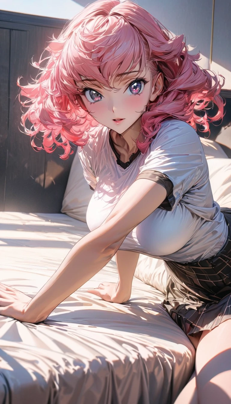 One person, adult, woman, Ultra-high resolution, 超detailed, Highest quality, 8k,((Highest quality)), ((masterpiece)), (detailed),Face direction(front),Hair Color(Bright pink,delicate hair texture), Hairstyle(Soft and fluffy,Shortcuts ), background(Bed,morning),eye(きれいなeye元), clothing(Short sleeve,skirt),expression(Exquisite features depicting a perfect face),Body Type(model,Naturally beautiful, Beautiful breasts),Perfect hands,完璧なwoman像, Dramatic Shadows,Sexy pose,Anime characters, Code Geass,posture(cute),professional