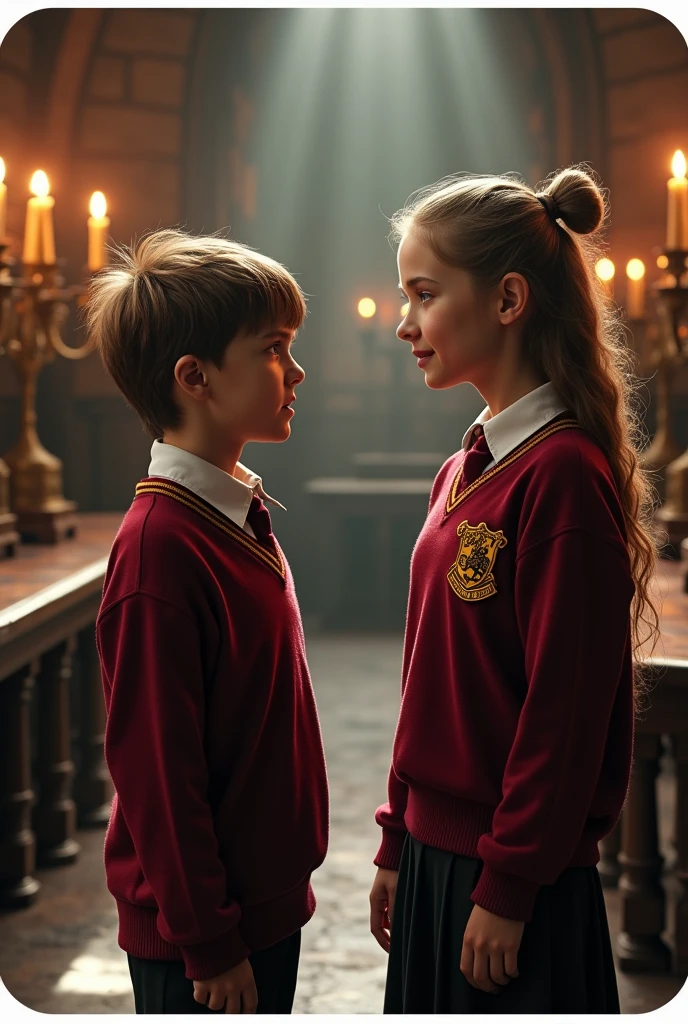 Create a sticker with white borders from a scene from the Harry Potter movie where 2 characters, young boy and older girl, both in Gryffindor uniforms appear in the common room, with large tables and candlesticks. in high resolution with a blurred background, cinema image and hyperrealism.