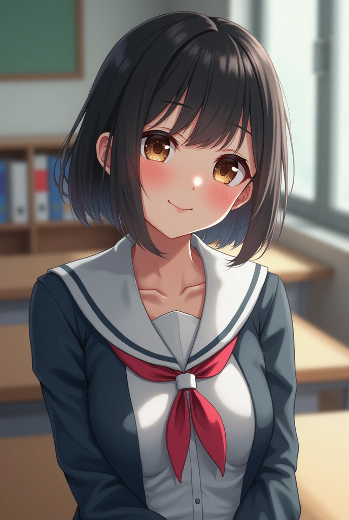 A cute Japanese high school girl in a uniform. Her breasts are D cup. She looks like a real person. She has short hair and is cute. Her eyes are big so that people won't notice she's Ai at first glance. She looks like a popular member of Nogizaka46.