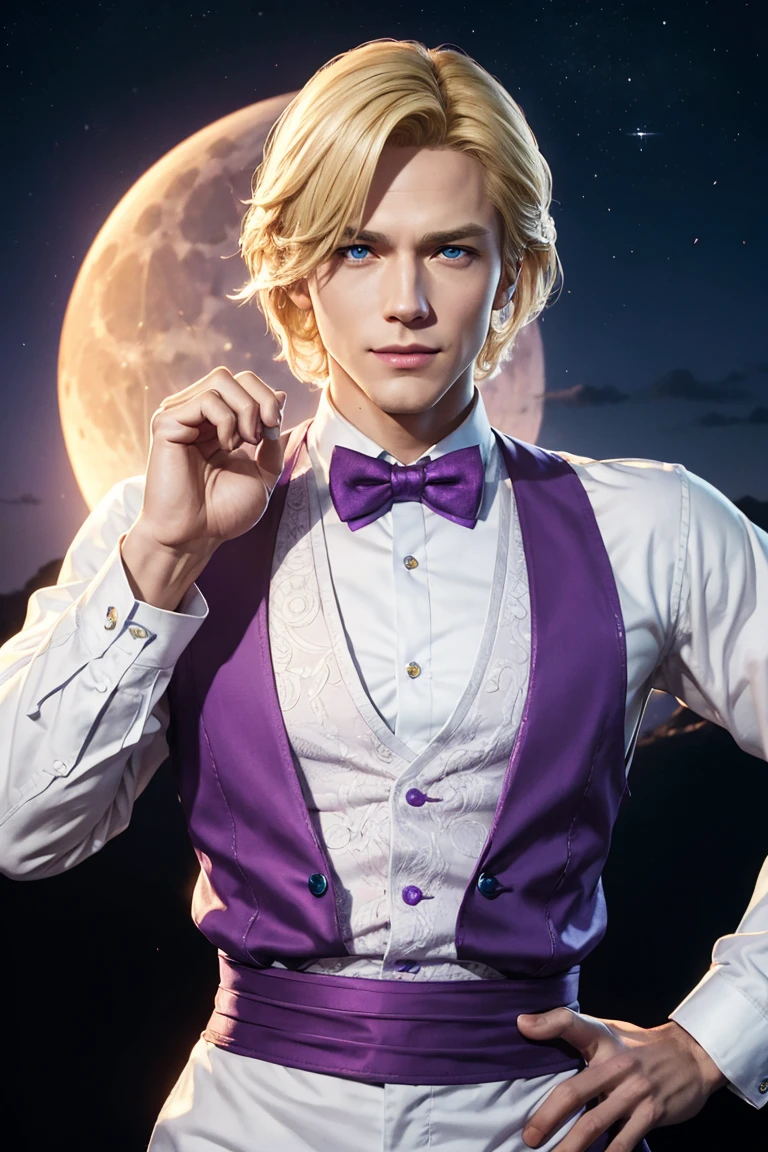 KOF,King of Fighters,King,Blue Eyes,Blonde Hair,Medium Hair,White long shirt,Purple vest,A bow tie,Beautiful white skin,Photorealistic,Ultra HD,high quality,masterpiece,Digital SLR,Detailed details,Intricate details,Anatomical basis,Depicted in detail,A detailed face,Realistic skin texture,Vivid details,Perfect Anatomy,Perfect Anatomy,Anatomically correct hand,Anatomically correct fingers,Super Detail,Complex 3D rendering,Sexy pose,Fantasy worldview,Beautiful Full Moon,,Beautiful night sky,Purple rose petals fluttering,Picturesque,Pink Lips,smile,