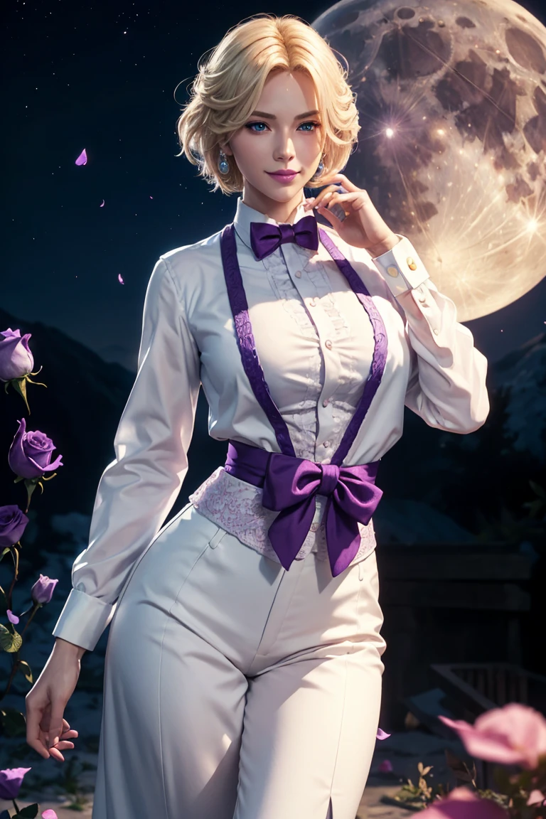 KOF,King of Fighters,King,Blue Eyes,Blonde Hair,Medium Hair,White long shirt,Purple vest,A bow tie,Beautiful white skin,Photorealistic,Ultra HD,high quality,masterpiece,Digital SLR,Detailed details,Intricate details,Anatomical basis,Depicted in detail,A detailed face,Realistic skin texture,Vivid details,Perfect Anatomy,Perfect Anatomy,Anatomically correct hand,Anatomically correct fingers,Super Detail,Complex 3D rendering,Sexy pose,Fantasy worldview,Beautiful Full Moon,,Beautiful night sky,Purple rose petals fluttering,Picturesque,Pink Lips,smile,