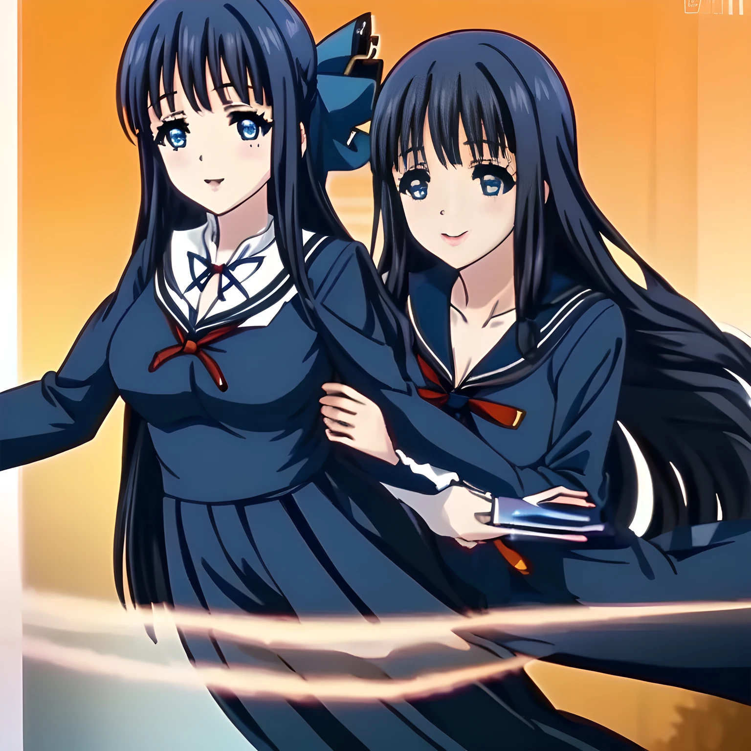 (highest quality, masterpiece: 1.8), (A very beautiful heroine who is looking and laughing at me, Very detailed intelligent heroine's eyes and face, Beautiful eyes with detailed: 1.6), (The girl is turning around quickly and looking at me with adult smile as if she is a too beautiful goddess: 1.6), (Girl whom everyone loves because of her beauty and lovely fashion and intelligence and noble manner. : 1.4), (In fact she is a very intelligent succubus, trying to charm, enslave and absorb me with deeply thought out intelligent strategy!: 1.0), (Very beautiful, wavy, cutely shining super-super-long blue hair, with elegant hair ribbons: 1.4), (Laughing very beautiful and intelligent sapphire-blue intelligent eyes with very long eyelashes which charms and enslave me inevitably, with detailed very well: 2.0), (The elegant, very widely open mouth and glossy wet lips of an anime heroine: 1.0), (Very clear white face with laughing cheeks and mouth: 1.5), (Gothic, noble, fully dark navy blue, neat sailor-styled gothic blue school uniform, fully dark navy blue blouse, with a red ribbon on the chest: 1.6), (In a orange-cream-colored closed narrow lovely girly room with white wallpaper and full of very good smell of female pheromones: 1.3)