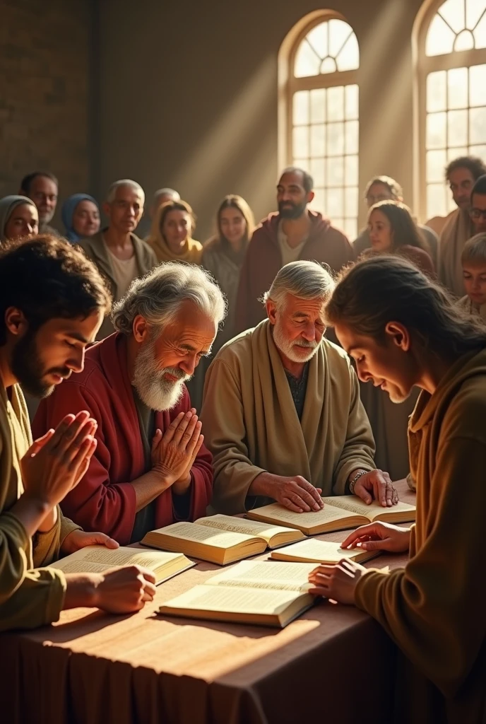 "People gathered in prayer, reading scriptures, helping the needy; these acts symbolize spiritual preparedness and living a life in accordance with Jesus' teachings."