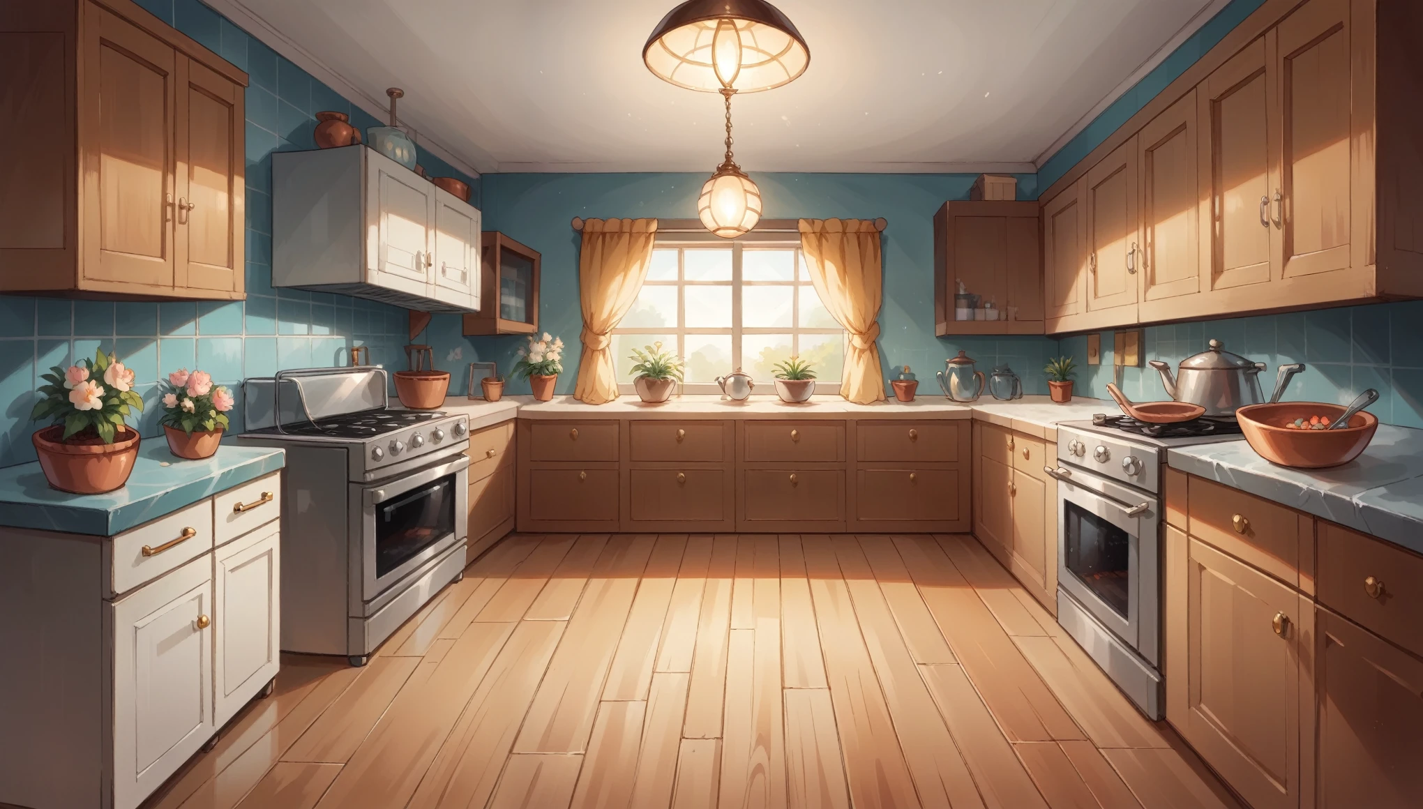 "A sleek, contemporary kitchen with clean lines and a polished look. The kitchen features a large island in the center with a marble countertop, surrounded by high stools for casual dining. The cabinets are handleless, with a glossy white finish that reflects the light, giving the room a bright and airy feel. Stainless steel appliances, including a refrigerator, oven, and stove, are seamlessly integrated into the cabinetry. Above the island, modern pendant lights hang, casting a warm, inviting glow over the space. The floor is made of dark, polished wood, providing a striking contrast to the light-colored walls and cabinets. A few decorative items, like a bowl of fresh fruit or a vase with flowers, add a touch of warmth and personality. Large windows along one wall allow plenty of natural light to flood in, with a view of a well-maintained garden outside. The overall atmosphere is elegant, modern, and very clean, with a touch of homeliness."