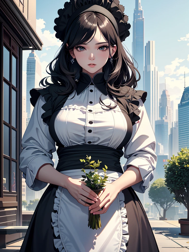 (Masterpiece、Ultra-high resolution、Detailed expression、Beautiful depiction、8k、Highest quality、Artwork:1.2)、(Giant:1.3)、Beauty、whole body、Beautifully detailed face、Over the city、A towering presence、Black Hair、18 meters tall、Married Woman、apron、Troubled face、skyscraper