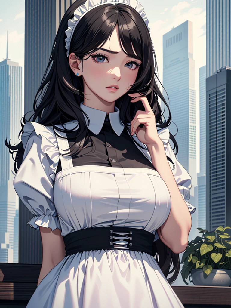 (Masterpiece、Ultra-high resolution、Detailed expression、Beautiful depiction、8k、Highest quality、Artwork:1.2)、(Giant:1.3)、Beauty、whole body、Beautifully detailed face、Over the city、A towering presence、Black Hair、18 meters tall、Married Woman、apron、Troubled face、skyscraper