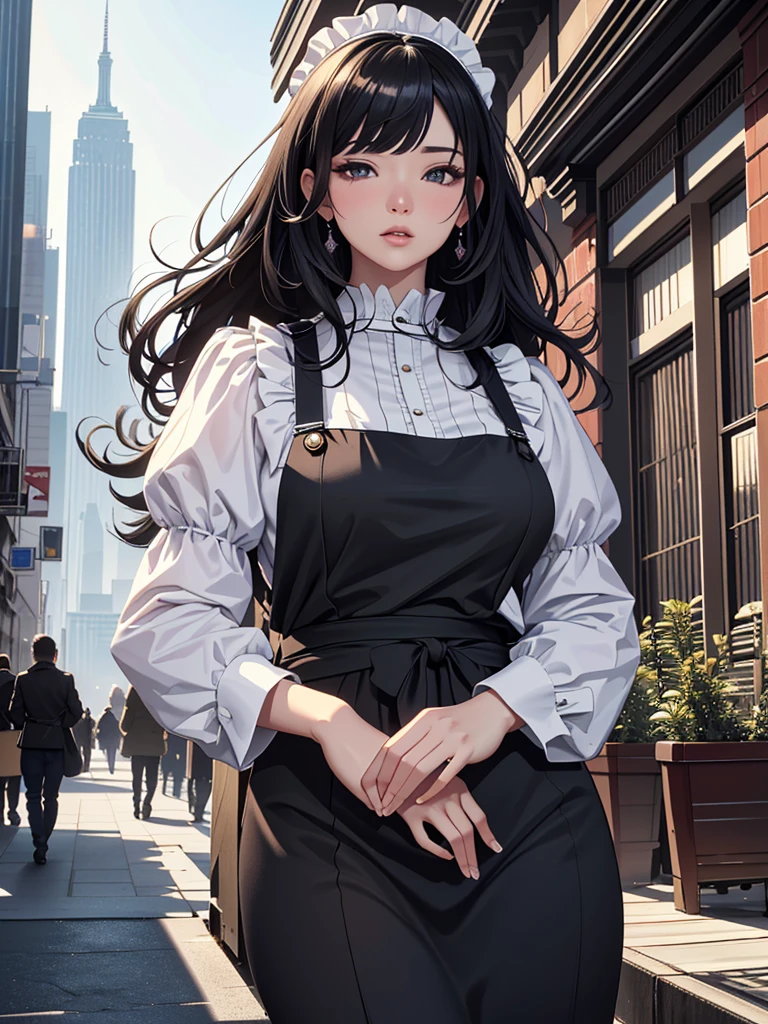 (Masterpiece、Ultra-high resolution、Detailed expression、Beautiful depiction、8k、Highest quality、Artwork:1.2)、(Giant:1.3)、Beauty、whole body、Beautifully detailed face、Over the city、A towering presence、Black Hair、18 meters tall、Married Woman、apron、Troubled face、skyscraper