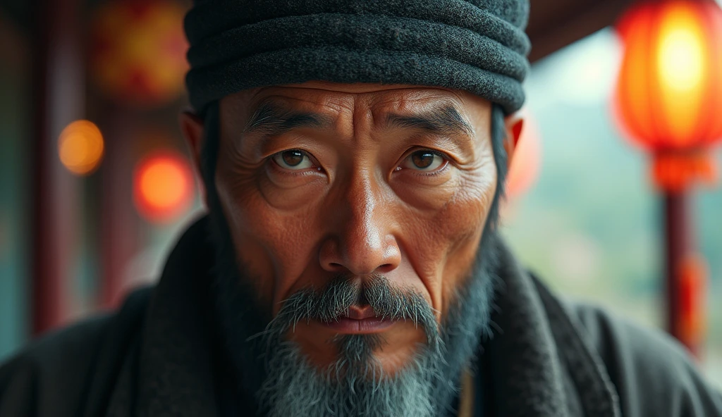 ancient asian man looking directly at the camera, not at the center, clear facial features, bright colors, light particles, with bright light, Mushhiv, wallpaper art, UHD wallpapers, vivid atmosphere, near a house ancient village