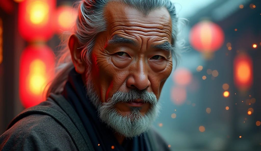 ancient asian man looking directly at the camera, not at the center, clear facial features, bright colors, light particles, with bright light, Mushhiv, wallpaper art, UHD wallpapers, vivid atmosphere, near a house ancient village