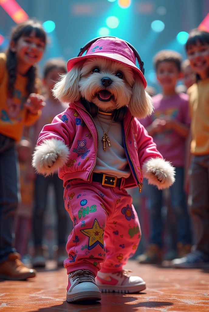 hyper-realistic photo of a Lhasa apso wearing Life Djs clothing and a bucket hat breakdancing in front of a crowd of kids in a circle with a stereo in the corner