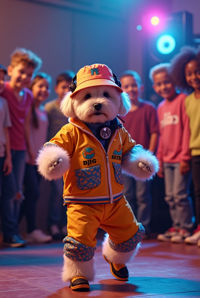 hyper-realistic photo of a Lhasa apso wearing Life Djs clothing and a bucket hat breakdancing in front of a crowd of kids in a circle with a stereo in the corner