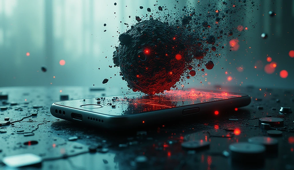 (Glitch Art,Emotional Design:1.3), cell phone , WiFi virus attached