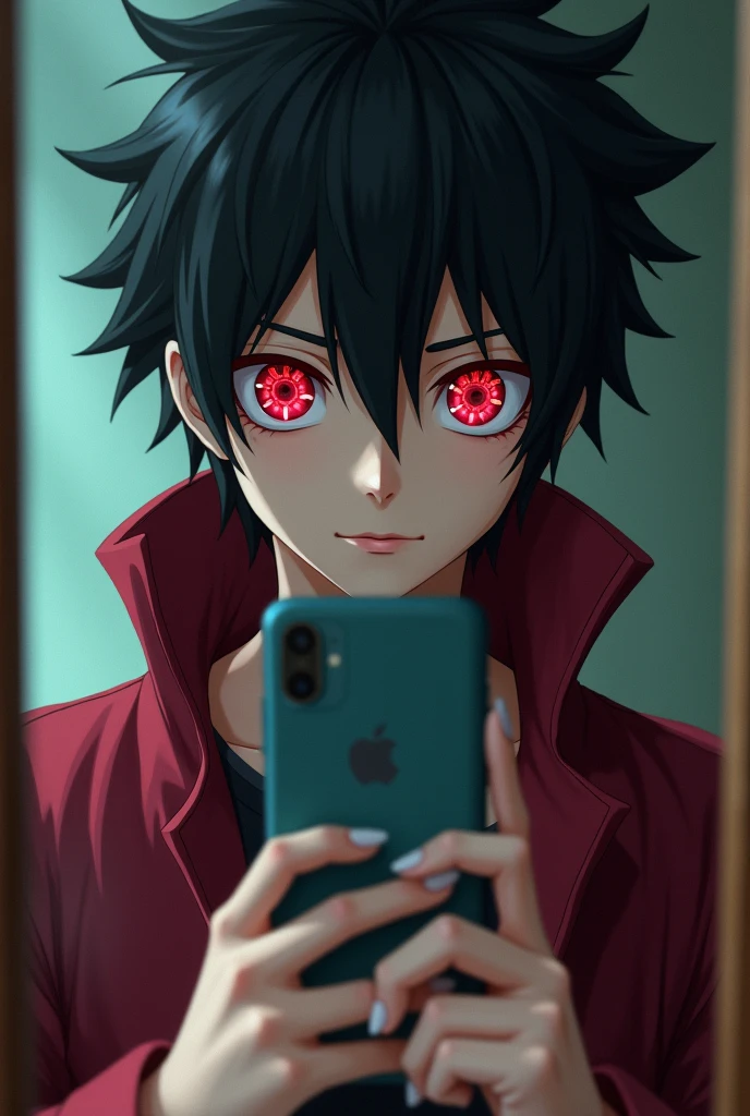 Personage Shisui of Naruto, taking a photo holding the cell phone in a mirror with the anime head but a slightly human body using the same image but placing the sharigan eyes better making the photo a little more realistic with the real world returning to the previous photo using the photo that is presented but with more reality to the real world