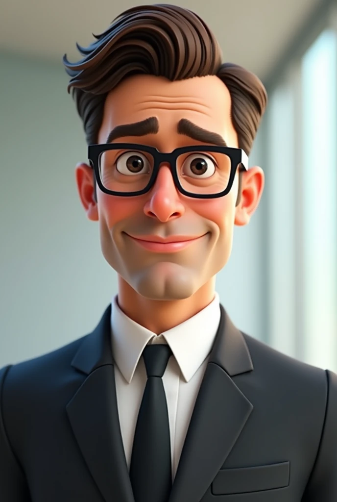 ((Best Quality)), disney pixar character, (detailed), perfect face, man, Brown hair, black eyes, square glasses, dressed in a business suit