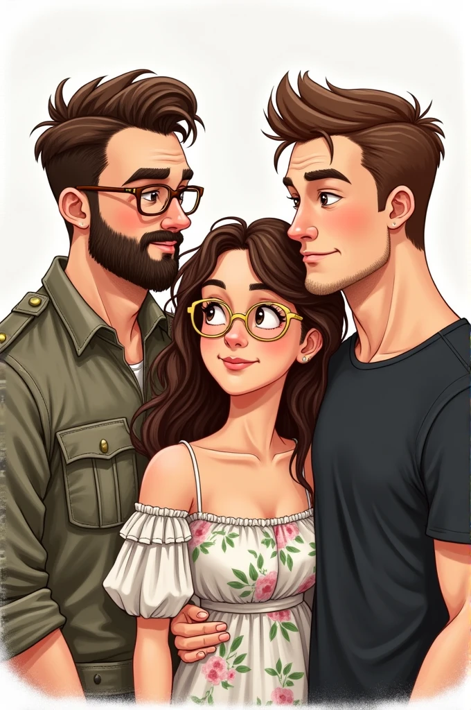 "Draw a man with military-style brown hair, a beard, round glasses, and a checkered shirt. A fair-skinned woman with curly brown hair, golden-framed glasses, and a floral dress. A man with short brown hair with a receding hairline, a beard, and a black t-shirt. The three are looking at each other."