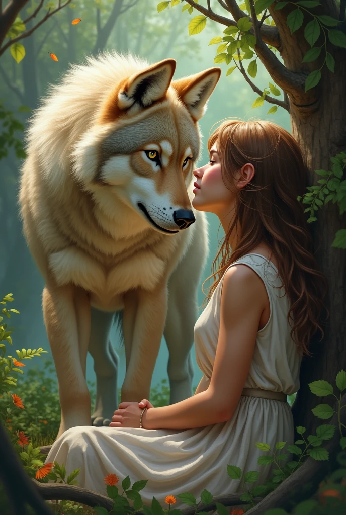 lobo (Wild, but with the meek woman) and woman ( age approximately 16 years, light brown hair tending to blonde, olive green eyes, Tez blanca)