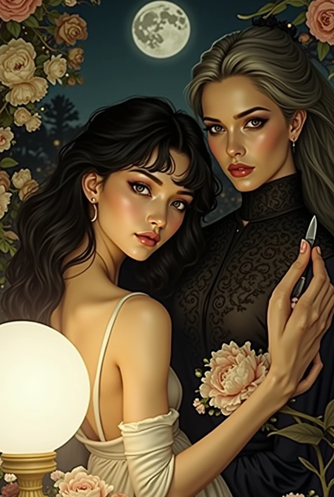 Masterpiece, Superb Girl, Night Moon Full Moon, 1 Female, Mature Woman, Sister, Royal Sister, Cold Face, Expressionless, Silver-White Long-Haired Woman, Light Pink Lips, Calm, Intellectual, Three-banded Gray Eyes, Assassin Short Knife, Flower Ball Background, Hand Details, Finger Details, Facial Details, Eye Details,