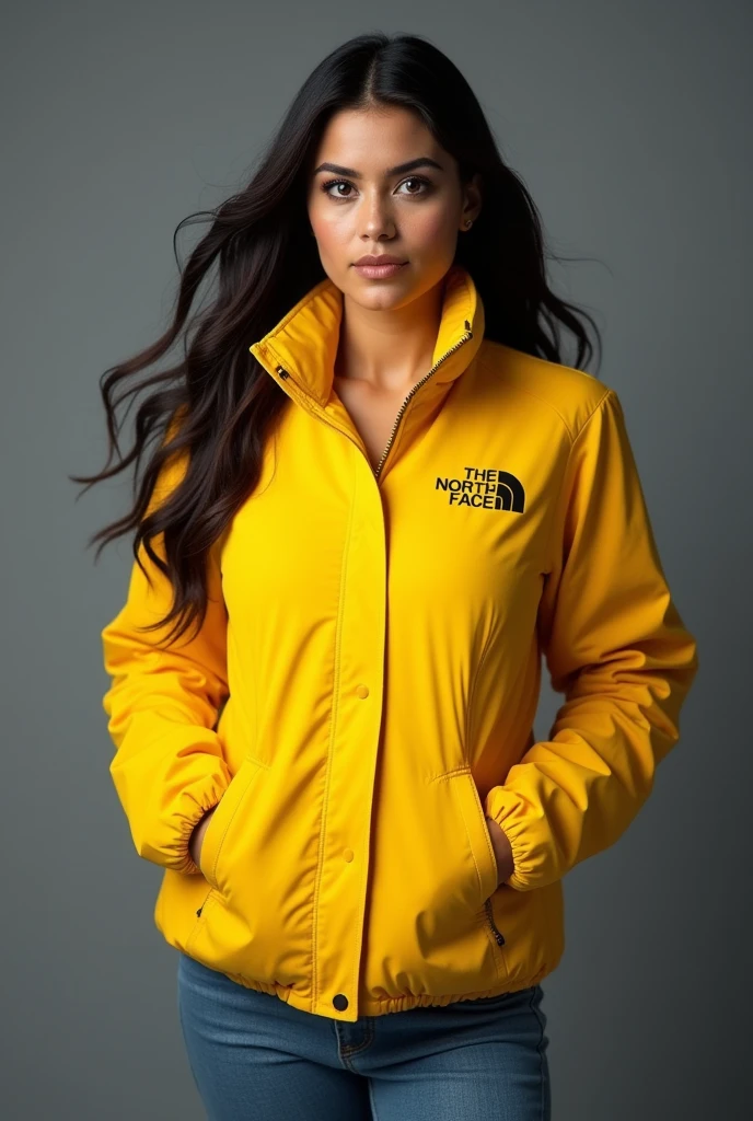 beautiful latin woman, standing straight facing forward,with a yellow closed North Face cold weather jacket, denim jeans pants, on a greyish background. Medium camera shot.