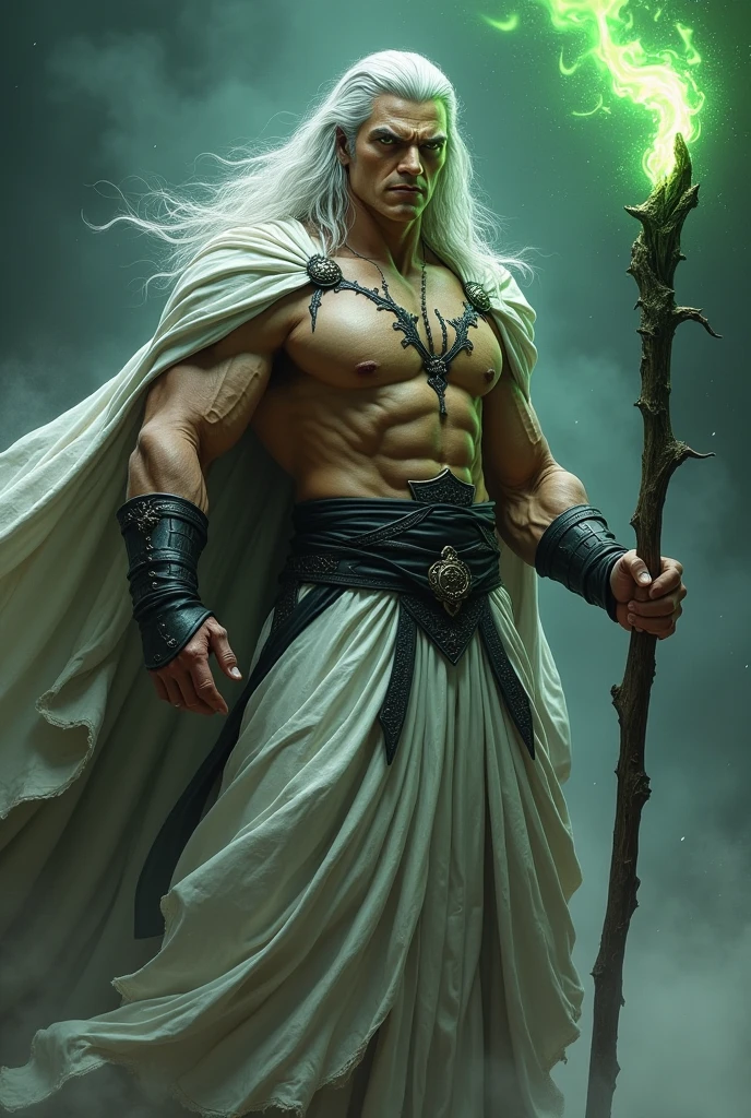 ultra realisitic, super powerful wizard, brawny, powerful and intimidating posture, long grayish white hair, white tunic with black details partially flared and torn open in the middle with muscles on display, black rays emanating from the body and eyes intensely, long staff of with green flame in the top