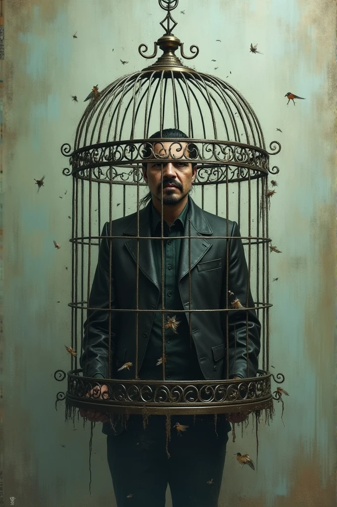 Create an image of El Chapo trapped in a cage like a bird