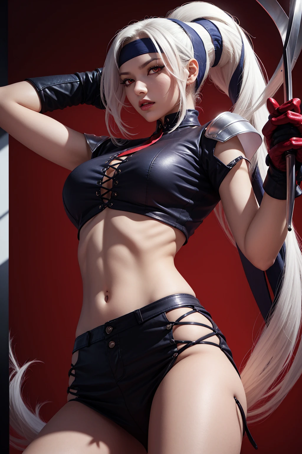 foxy_(kof), highres, 1girl, armpits, breasts, covered_navel, gloves, headband, large_breasts, long_hair, looking_at_viewer, midriff, ponytail rapier red_eyes, solo, sword weapon, white_hair