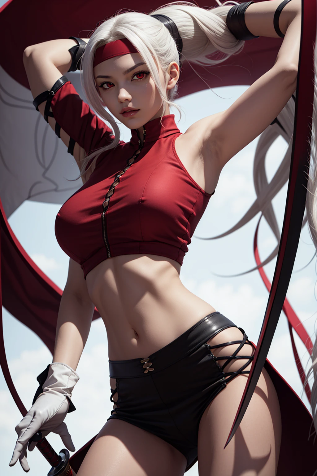 foxy_(kof), highres, 1girl, armpits, breasts, covered_navel, gloves, headband, large_breasts, long_hair, looking_at_viewer, midriff, ponytail rapier red_eyes, solo, sword weapon, white_hair