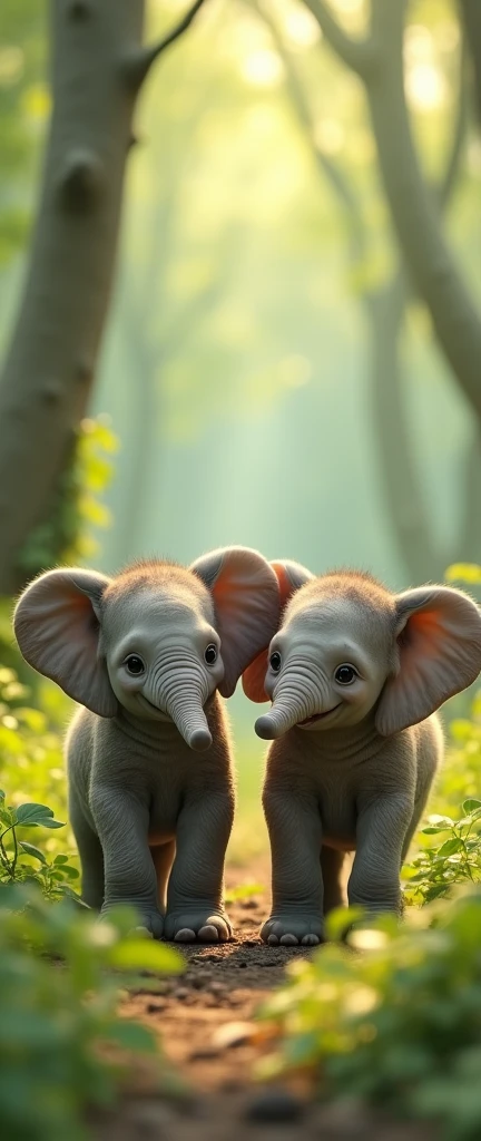 There are two newborn elephants from the head and cute, the background is a lot of light green trees.