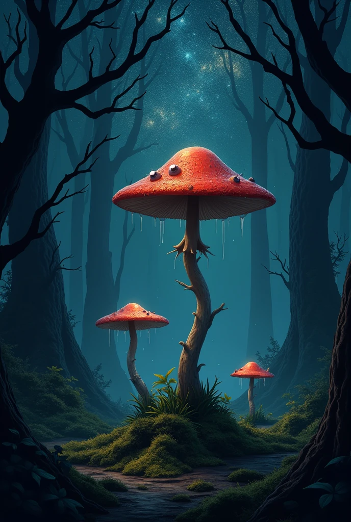 A mushroom, in a macabre forest, on a starry night with ghoulish goblins by your side