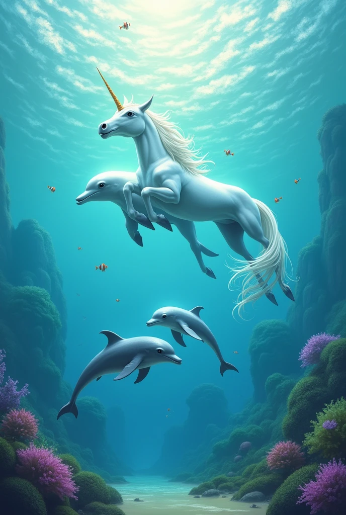 Create a picture of dolphins in the sea with a unicorn