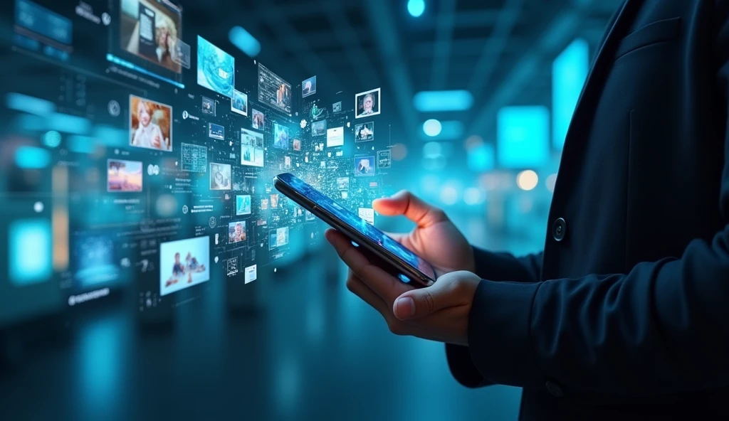 someone holding a smart phone with a lot of different images coming out of it, photo - shot, snapshot, photo render, digitally enhanced, digital media, the image is futuristic, visuals, technological screens, amazingly composed image, information, high quality picture, technologies, high quality image”, technological, digital screens, a picture, take control of your data, virtual, enhancee