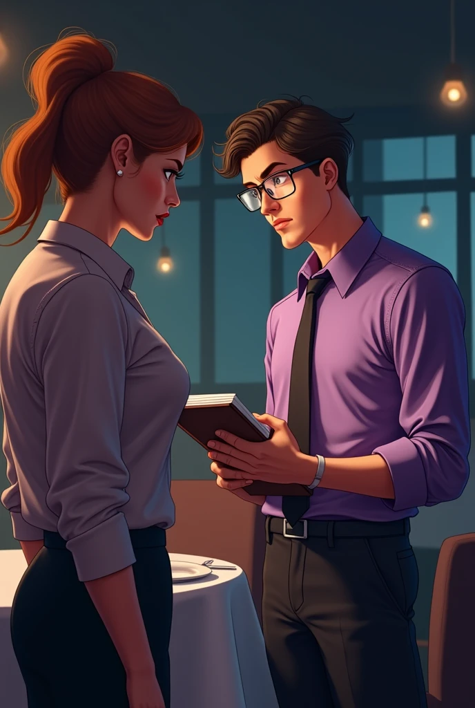 A waiter with glasses in a purple shirt, black pants who had a bad day, looking badly at a female client, who stares at him while the waiter takes his order rudely.