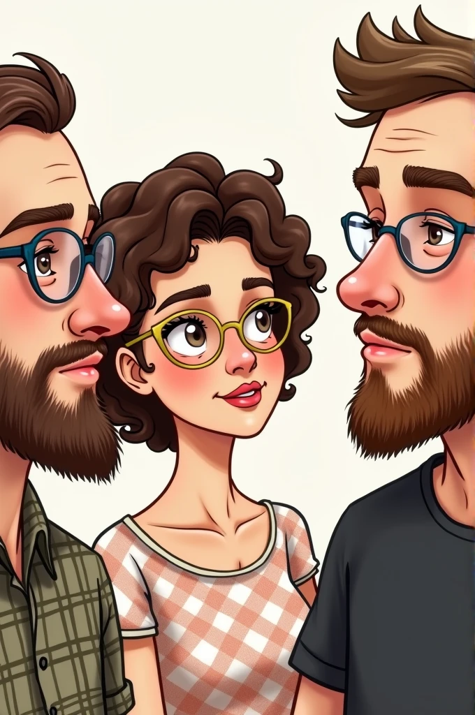 

"Draw a man with military-style brown hair, a beard, round glasses, and a checkered shirt. A fair-skinned woman with curly brown hair, golden-framed glasses, and a floral dress. A man with short brown hair with a receding hairline, a beard, and a black t-shirt. The three are looking at each other."