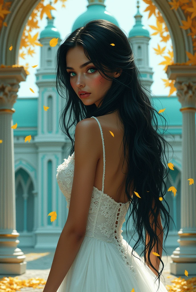 Caramel skin princess, with long black hair and light blue eyes. Her back has black veins popping out on her back, she wears a wedding dress and white silk gloves. She has a scared expression. In the background is a turquoise palace and golden leaves fall from the sky.. Realistic illustration like fairy tales by the Green brothers
