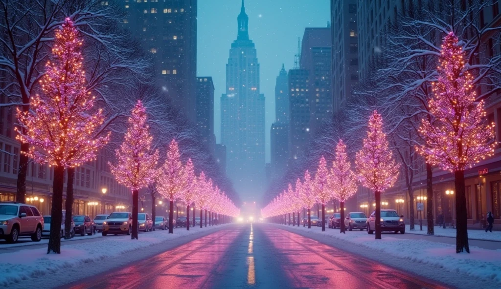 a dreamy colorful city of new york at christmas, falling snowflakes, vibrant purple teal christmas decorations, glittering lights, soft bokeh atmosphere, 8k, detailed, photorealistic, concept art, dramatic lighting, cinematic, matte painting, digital art
