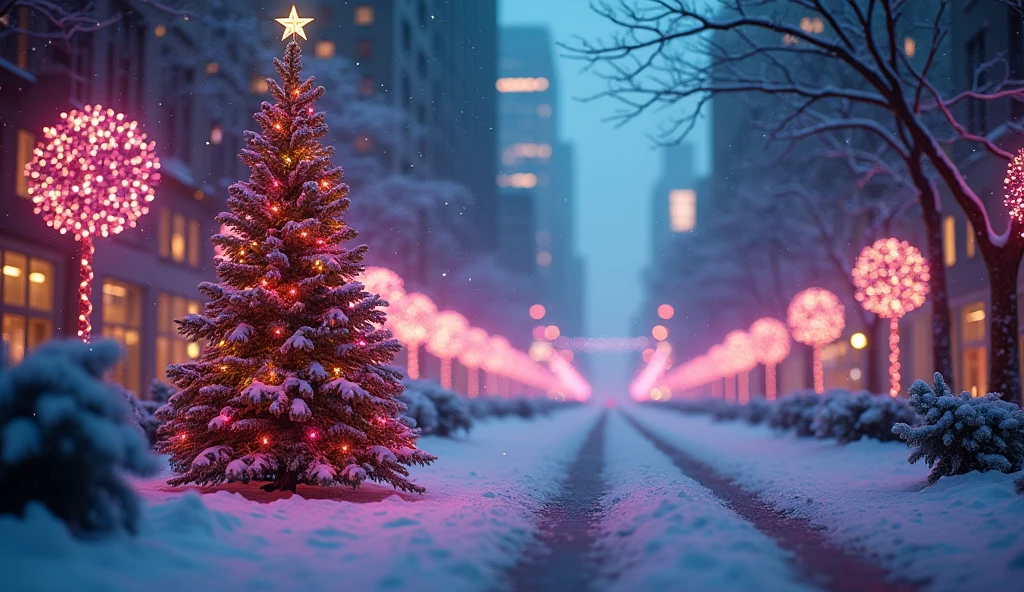 a dreamy colorful city of new york at christmas, falling snowflakes, vibrant purple teal christmas decorations, glittering lights, soft bokeh atmosphere, 8k, detailed, photorealistic, concept art, dramatic lighting, cinematic, matte painting, digital art