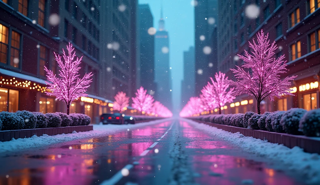a dreamy colorful city of new york at christmas, falling snowflakes, vibrant purple teal christmas decorations, glittering lights, soft bokeh atmosphere, 8k, detailed, photorealistic, concept art, dramatic lighting, cinematic, matte painting, digital art