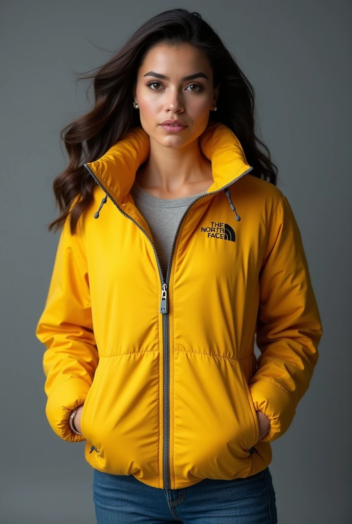 beautiful latin woman, standing straight facing forward,with a yellow closed North Face cold weather jacket, denim jeans pants, on a greyish background. Medium camera shot.