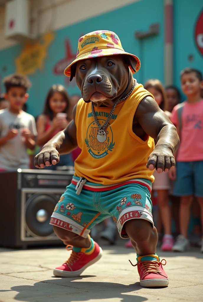 hyper-realistic photo of a Pit bull wearing Life Djs clothing and a bucket hat breakdancing in front of a crowd of kids in a circle with a stereo in the corner