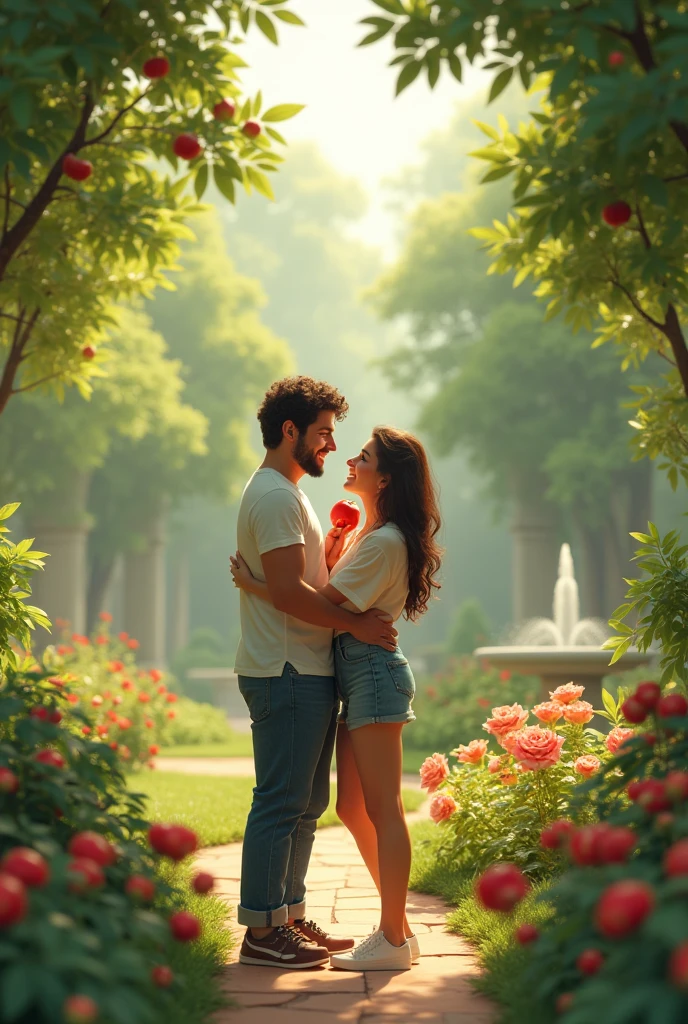a happy couple in a beautiful garden eating an apple