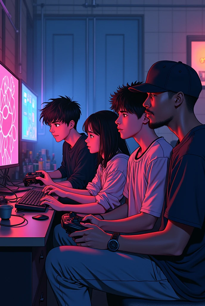 An image with 4 people playing video games, a young thin man, with wavy hair and just above shoulder length, wearing baggy pants. a short young woman, dark haired and bangs, a young man not so strong but well defined wearing a black cap. and a tall black boy, with medium curly hair and wearing grunge clothes. Image made with thick lines of a gothic anime