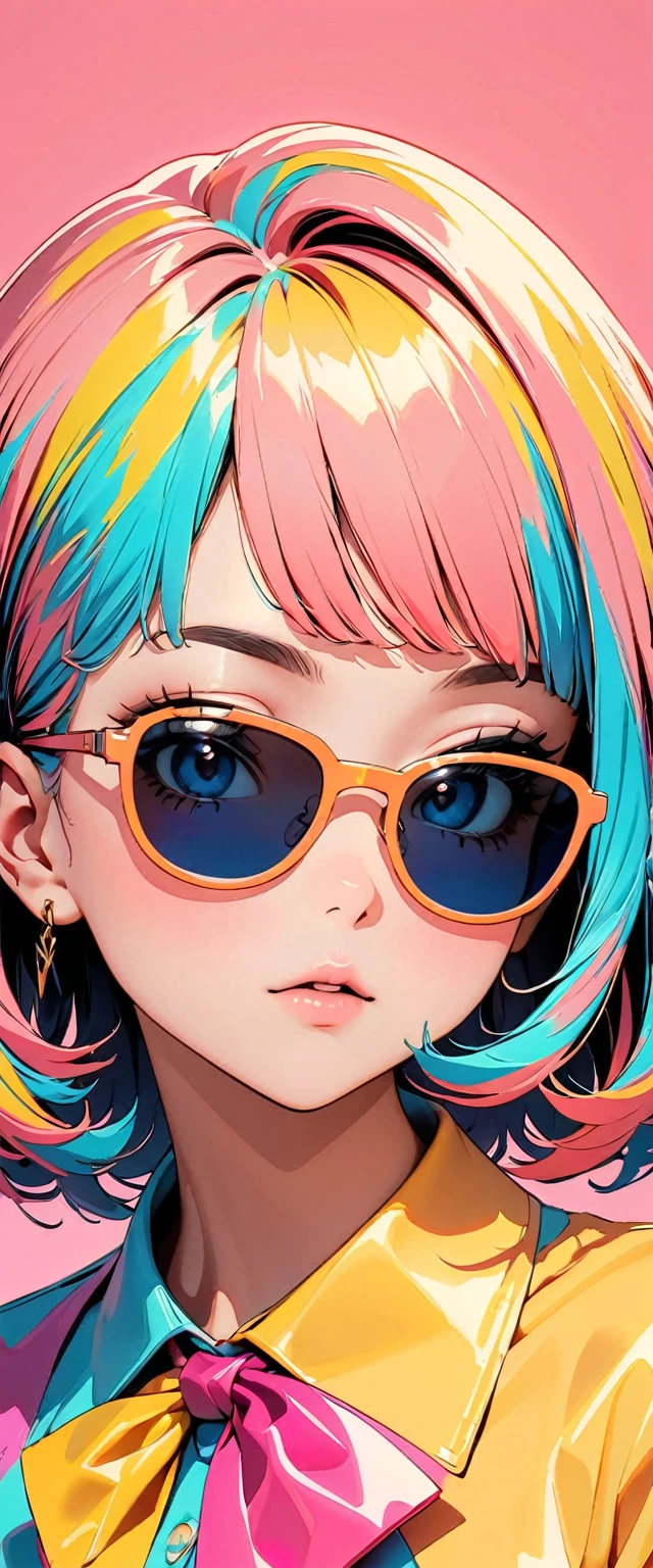 (highest quality:1.2, City Pop Style, Very detailed, Latest, Vibrant, High Contrast, masterpiece:1.2, highest quality, Best aesthetics), girl, ((Face Up Shot:1.4)), Colorful Hair, Bobcut, pastel colour, 1980s style, Retro, Vintage, ((Single color background)), (sunglasses).