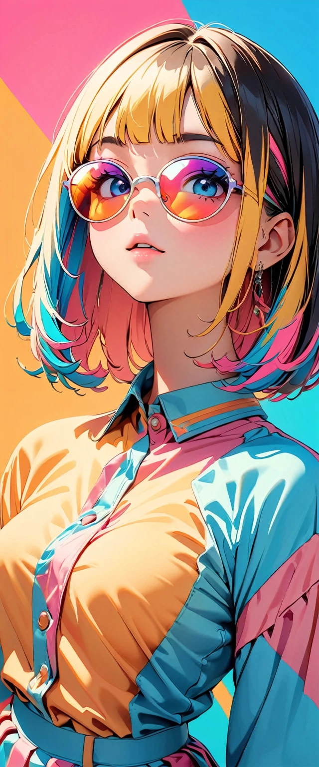 (highest quality:1.2, City Pop Style, Very detailed, Latest, Vibrant, High Contrast, masterpiece:1.2, highest quality, Best aesthetics), girl, ((Face Up Shot:1.4)), Colorful Hair, Bobcut, pastel colour, 1980s style, Retro, Vintage, ((Single color background)), (sunglasses).