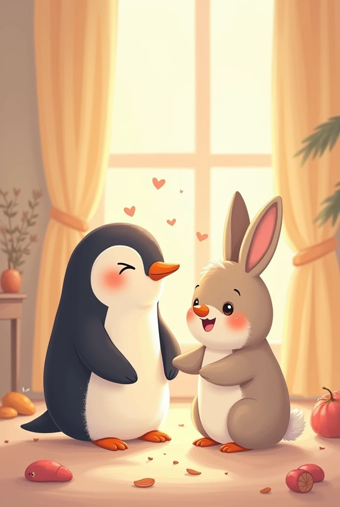 Create a charming illustration of a penguin talking with a bunny in a warm, cozy setting. The penguin should have hearts in his eyes, reflecting the fuzzy warmth he feels in his heart while engaging with the bunny. The overall atmosphere should be soft and inviting, with gentle lighting and a background that enhances the feeling of warmth and comfort. The characters should be expressive, showcasing the affectionate and joyful bond between them. Flat illustration, Vector illustration