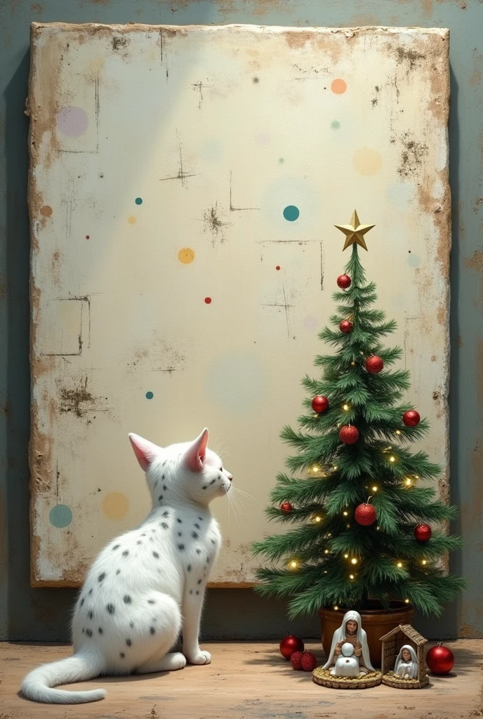 a canvas painted with scratches and spots, next to it a small white cat with very light gray spots looking at her and a Christmas tree with a very small nativity scene.
