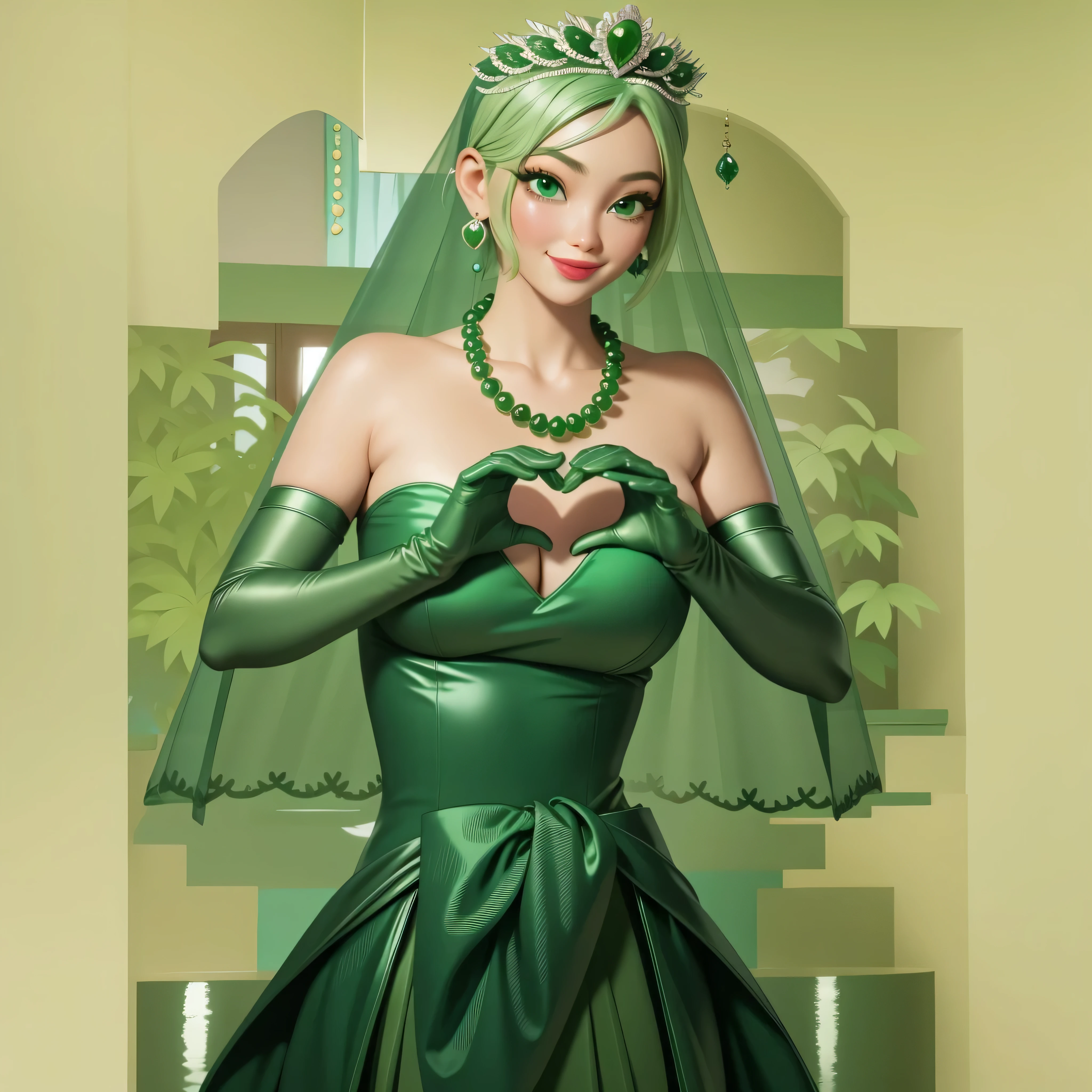 Emerald tiara, Green Pearl Necklace, Boyish very short green hair, Green Lips, Smiling Japanese woman, Very short hair, Busty beautiful lady, Green Eyes, Green satin long gloves, Green Eyes, Emerald Earrings, Green veil, Heart with both hands, Green Hair, Beautiful Japanese Woman, Heart shaped hands:1.3, green lip gloss