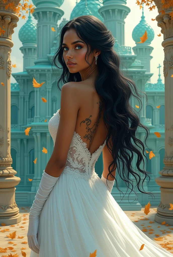 Caramel skin princess, with long black hair and light blue eyes. Her back has black veins popping out on her back, she wears a wedding dress and white silk gloves. She has a scared expression. In the background is a turquoise palace and golden leaves fall from the sky.. Realistic illustration like fairy tales by the Green brothers
